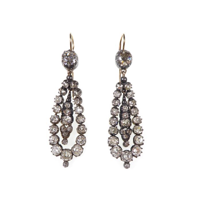 Pair of  diamond drop swing frame pendant earrings | MasterArt